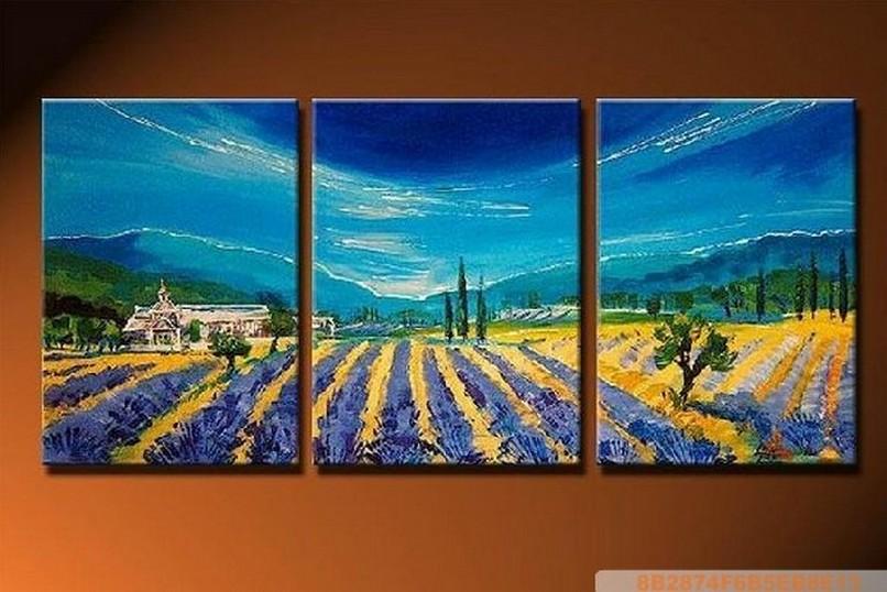 Lavender Field, Landscape Painting, Living Room Wall Art, 3 Panel Painting, Art Painting, Wall Hanging