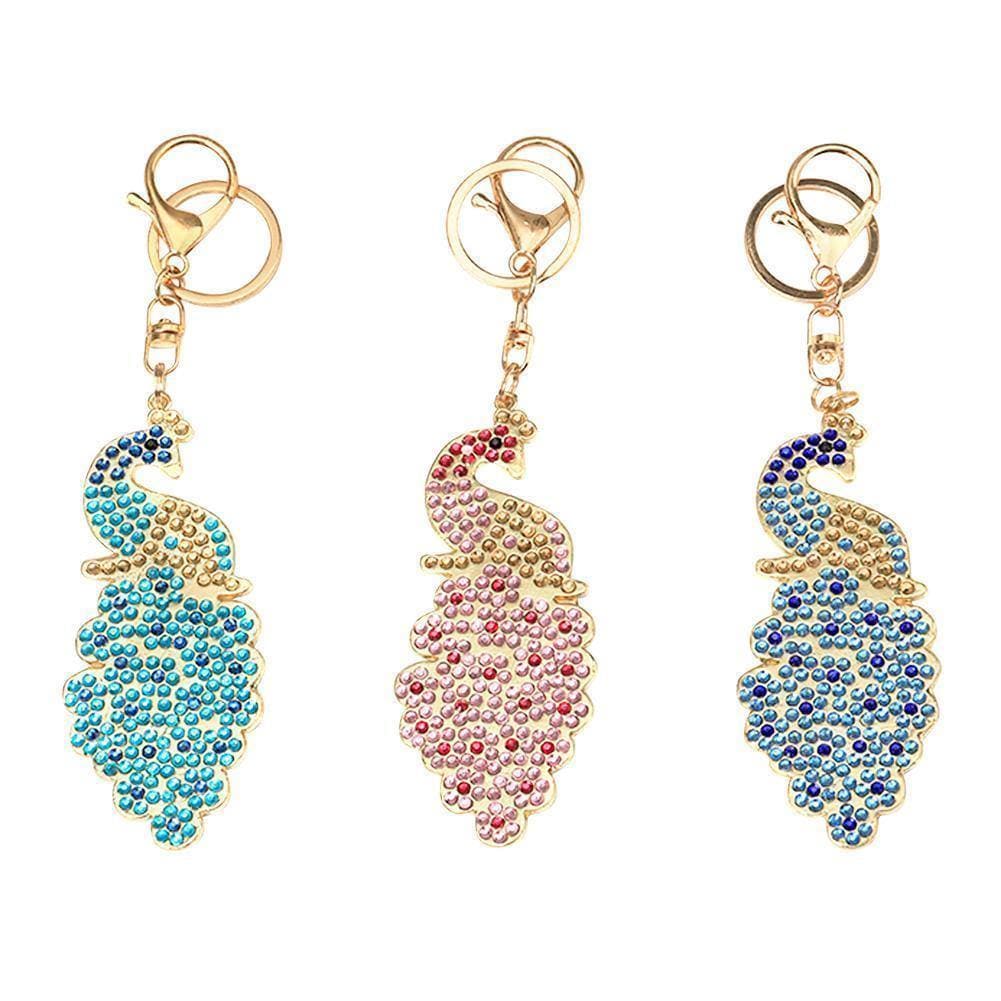 Peacock 3pcs Full Special Shaped Diamond Painting DIY Keychain ktclubs.com