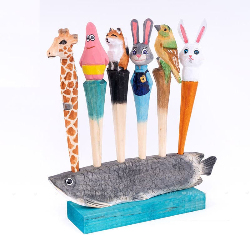 Solid wood hand carved dragon fish pen holder multifunctional creative storage log pen holder ornament gift ktclubs.com