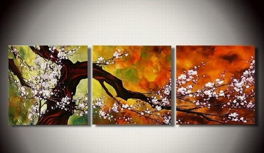Abstract Art, Plum Tree in Full Bloom, Large Oil Painting, Living Room Wall Art, Modern Art, 3 Piece Wall Art