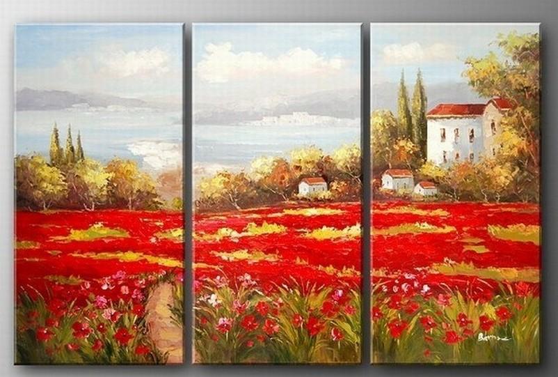 Italian Red Poppy Field, Canvas Painting, Landscape Art, Landscape Painting, Large Painting, Living Room Wall Art, Oil on Canvas, 3 Piece Oil Painting, Large Wall Art