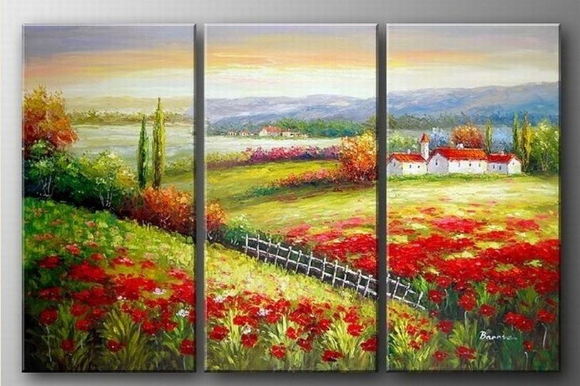 Landscape Art, Italian Red Poppy Field, Canvas Painting, Landscape Painting, Oil on Canvas, 3 Piece Oil Painting, Large Wall Art