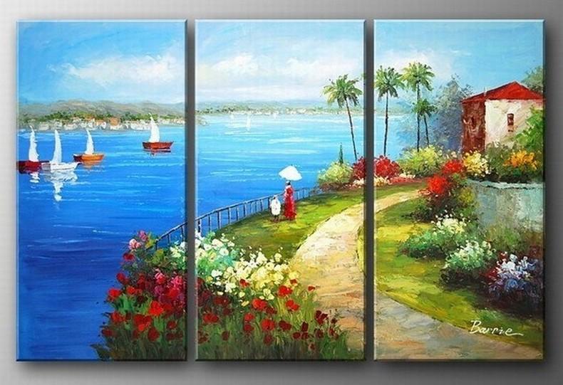Landscape Art, Italian Mediterranean Sea, Sail Boat Art, Canvas Painting, Landscape Painting, Living Room Wall Art, Oil on Canvas, 3 Piece Oil Painting