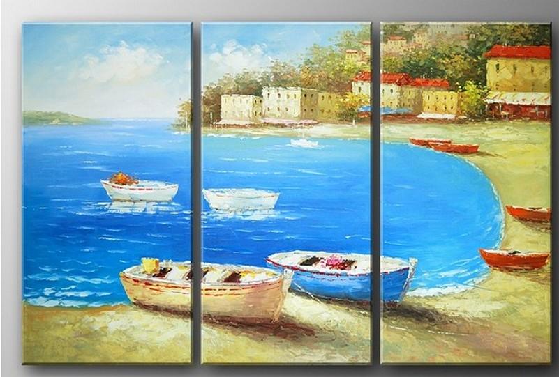 Italian Mediterranean Sea, Landscape Art, Boat Art, Canvas Painting, Living Room Wall Art, Oil on Canvas, 3 Piece Oil Painting, Large Wall Art