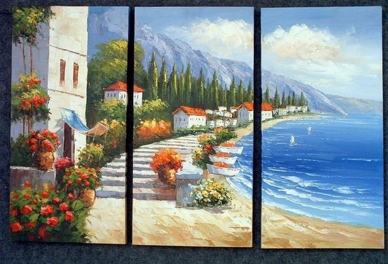 Italian Mediterranean Sea, Landscape Art, Summer Resort, Canvas Painting, Landscape Painting, Large Painting, Living Room Wall Art, Oil on Canvas, 3 Piece Oil Painting, Large Wall Art