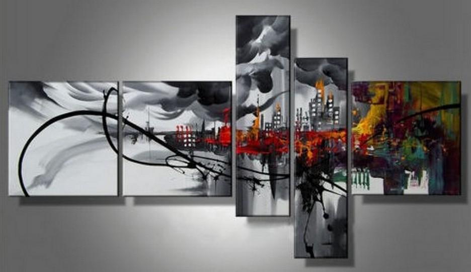 Cityscape Art, Black Wall Art, Huge Wall Art, Acrylic Art, 5 Piece Wall Painting, Hand Painted Art, Group Painting