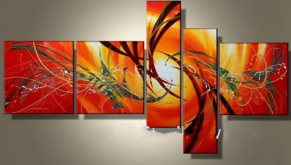 Canvas Painting, Abstract Lines, Red Color Art, Acrylic Art, 5 Piece Wall Painting, Canvas Painting