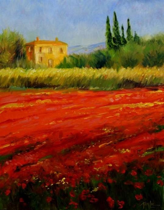 Flower Field, Wall Art, Large Oil Painting, Canvas Painting, Landscape Painting, Living Room Wall Art, Cypress Tree, Wall Painting, Canvas Art, Red Poppy Field