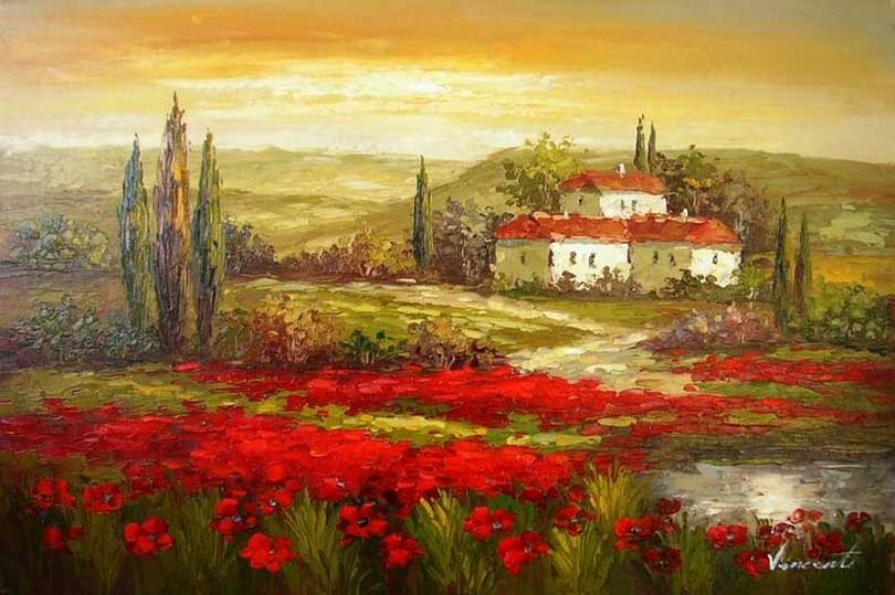 Autumn Art, Flower Field, Impasto Art, Heavy Texture Painting, Landscape Painting, Living Room Wall Art, Cypress Tree, Oil Painting, Red Poppy Field