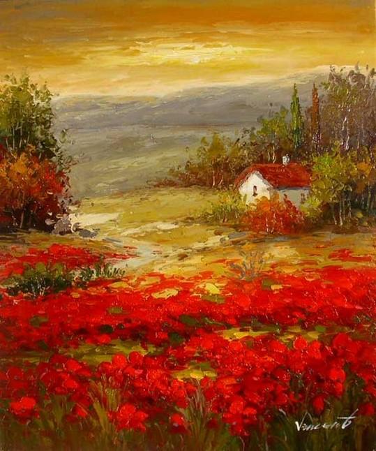 Flower Field, Wall Art, Landscape Painting, Living Room Wall Art, Cypress Tree, Canvas Art, Red Poppy Field, Ready to Hang