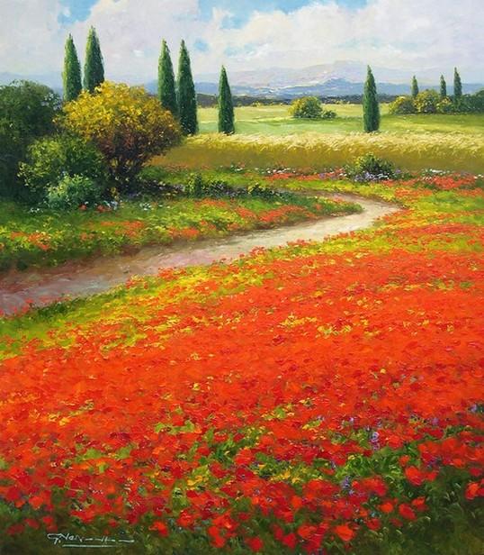 Flower Field, Wall Art, Impasto Art, Heavy Texture Painting, Landscape Painting, Living Room Wall Art, Cypress Tree, Oil Painting, Canvas Art, Red Poppy Field
