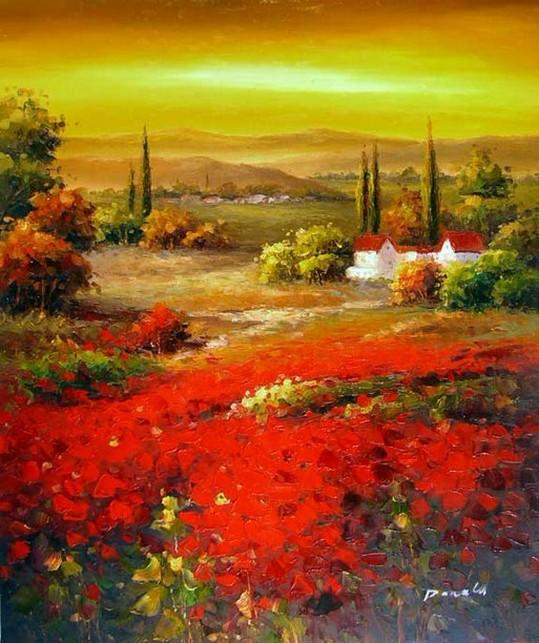 Autumn Art, Flower Field, Wall Art, Impasto Art, Heavy Texture Painting, Landscape Painting, Living Room Wall Art, Cypress Tree, Red Poppy Field