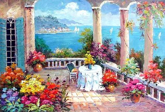 Canvas Painting, Landscape Painting, Mediterranean Sea Painting, Wall Art, Large Painting, Bedroom Wall Art, Oil Painting, Canvas Art, Seascape, Garden Art
