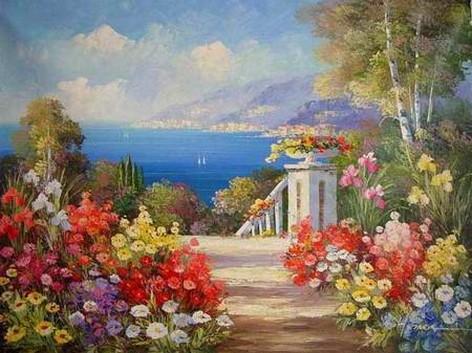 Canvas Art, Canvas Painting, Landscape Painting, Wall Art, Large Painting, Bedroom Wall Art, Oil Painting, Canvas Art, Garden Flower, Spain Summer Resort
