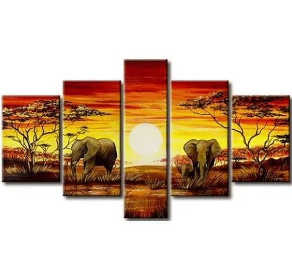 African Painting, Elephant Painting, Living Room Art, 5 Piece Wall Art, Living Room Wall Painting