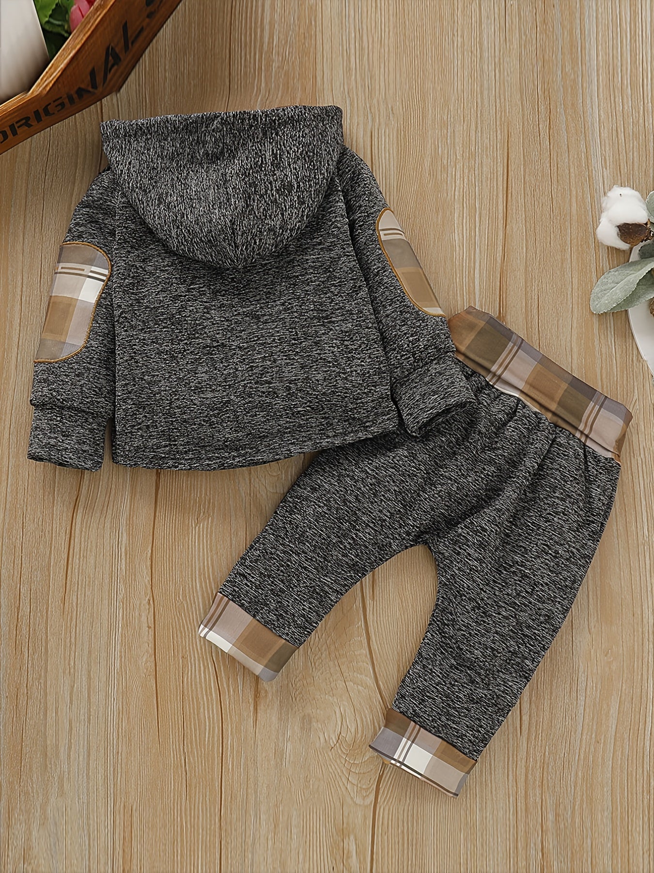 2pcs Baby Boys Plaid Printed Hoodies Winter Sweatshirt & Contrast Trim Sets