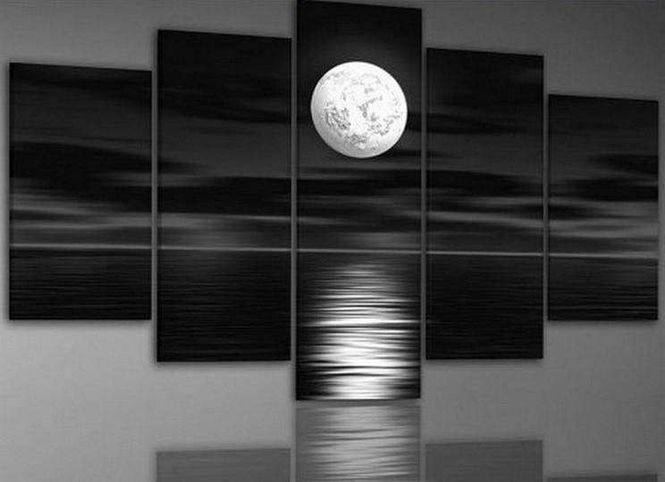 Large Canvas Art, Abstract Art, Bedroom Art Decor, 5 Piece Art, Canvas Art Painting, Moon Rising from Sea, Ready to Hang