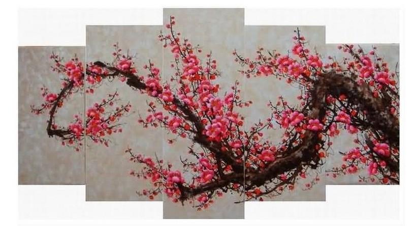 Plum Tree Flower Painting, Ready to Hang, Large Art, Abstract Art, Flower Oil Painting, Abstract Painting, Canvas Painting, 5 Piece Wall Art, Canvas Art Painting
