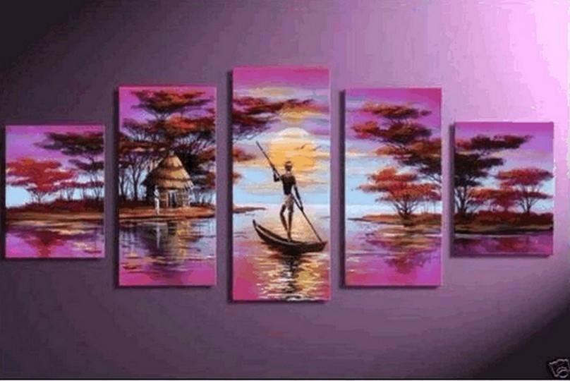 Large Canvas Art, 5 Piece Canvas Painting, Abstract Painting for Sale, African Woman Art, Boat at Lake River Art, Ready to Hang Painting