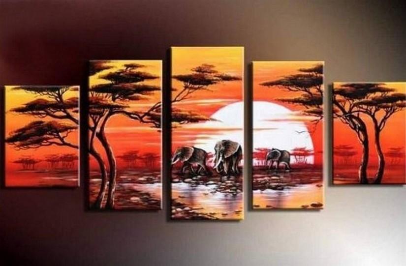 Large Canvas Art, Abstract Art, Canvas Painting, Abstract Painting, African Art, Elephant Sunset Art, Home Art, 5 Piece Wall Art, Landscape Art, Ready to Hang