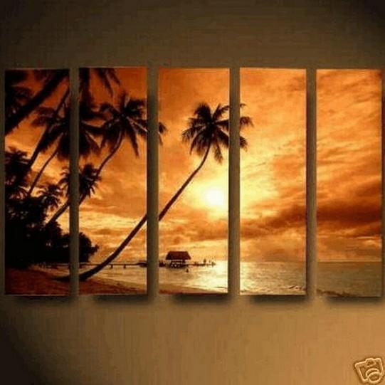 Abstract Art, Hawaii Seashore Sunset, Large Wall Art, Landscape Painting, Canvas Painting, Oil Painting, 5 Piece Wall Art, Huge Wall Art, Ready to Hang