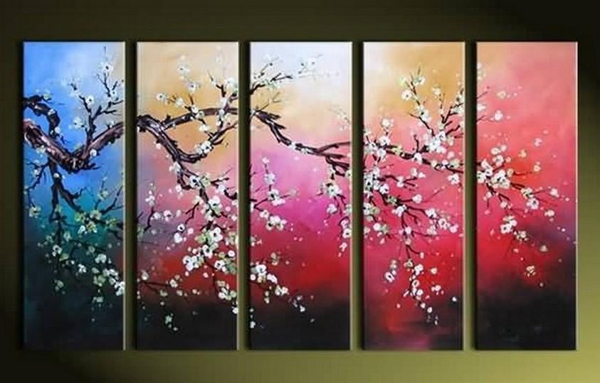 Plum Tree Painting, Flower Art, Abstract Painting, 5 Piece Wall Art, Huge Painting, Acrylic Art, Ready to Hang