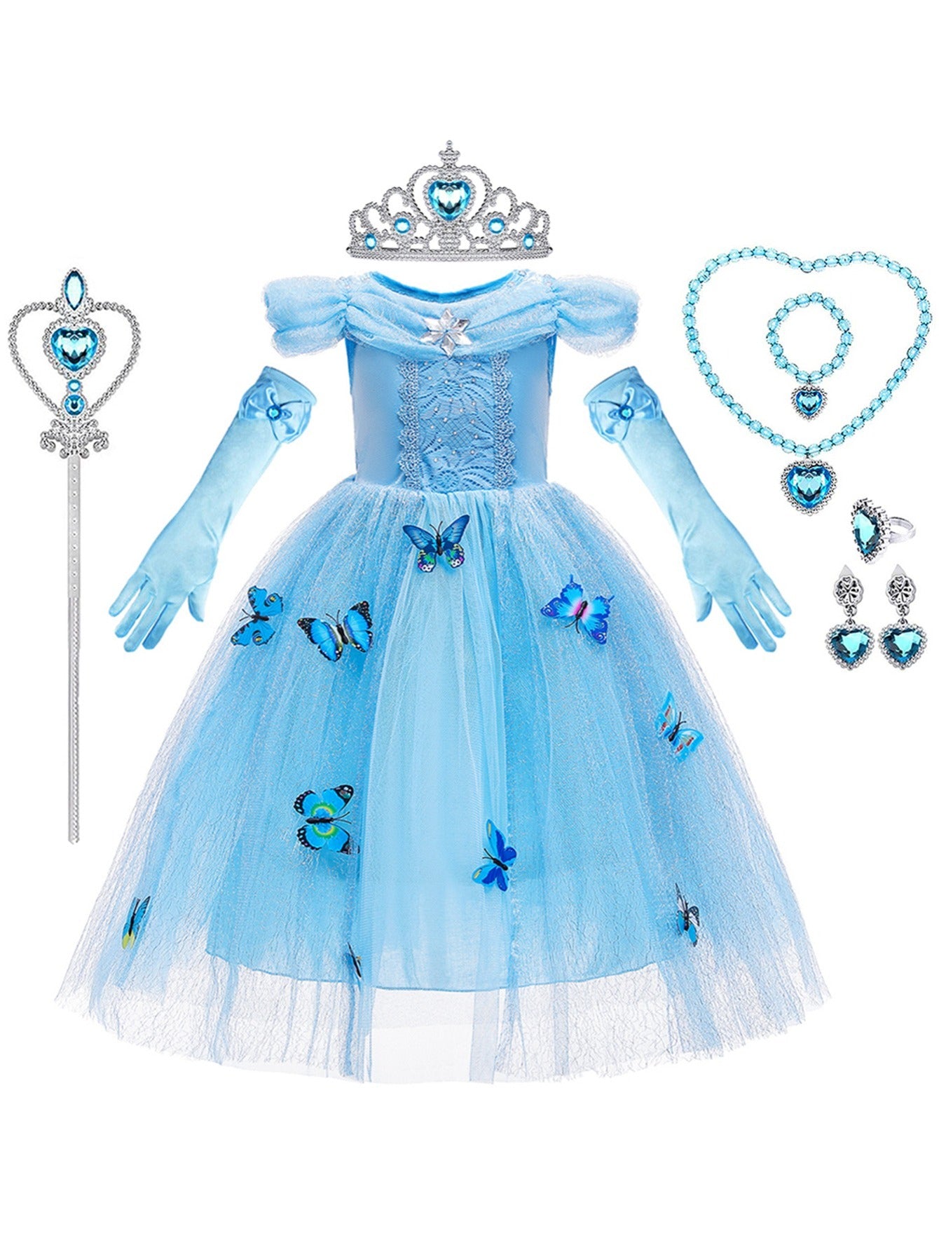 9pcs Girls Cinderella Princess Dress Costume, Jewelry, Gloves, Crown & Princess Wand
