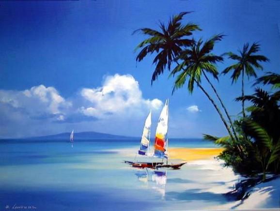 Hawaii Beach, Seashore Painting, Sail Boat Painting, Canvas Art, Canvas Painting, Oil Painting, Wall Art, Large Painting, Canvas Painting, Canvas Art