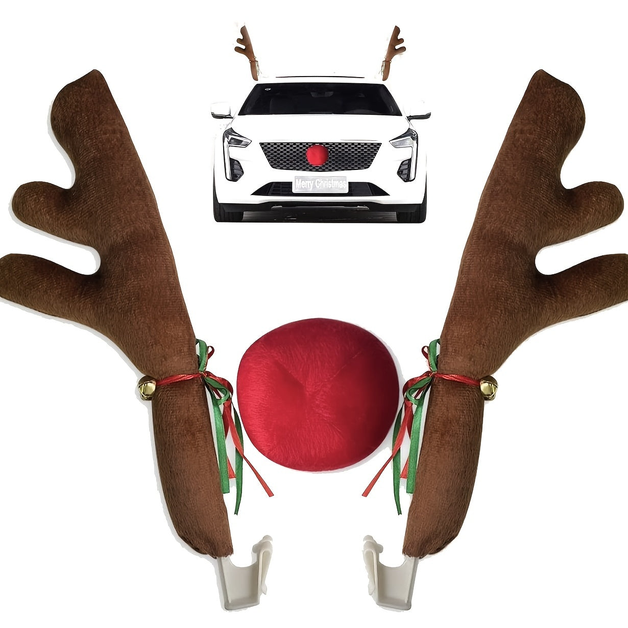 Car Christmas Reindeer Antler Decorations, Christmas Car Decor With Jingle Bells, Rudolph Reindeer Red Nose, Auto Accessories Decoration Kit Gifts