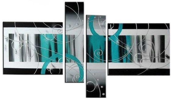 4 Piece Canvas Art, Abstract Oil Painting for Sale, Black and White, Blue Canvas Art, Contemporary Wall Art