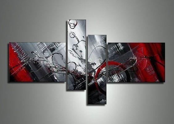 4 Piece Canvas Art, Modern Abstract Painting, Acrylic Painting for Sale, Black and Red Painting, Living Room Simple Contemporary Art