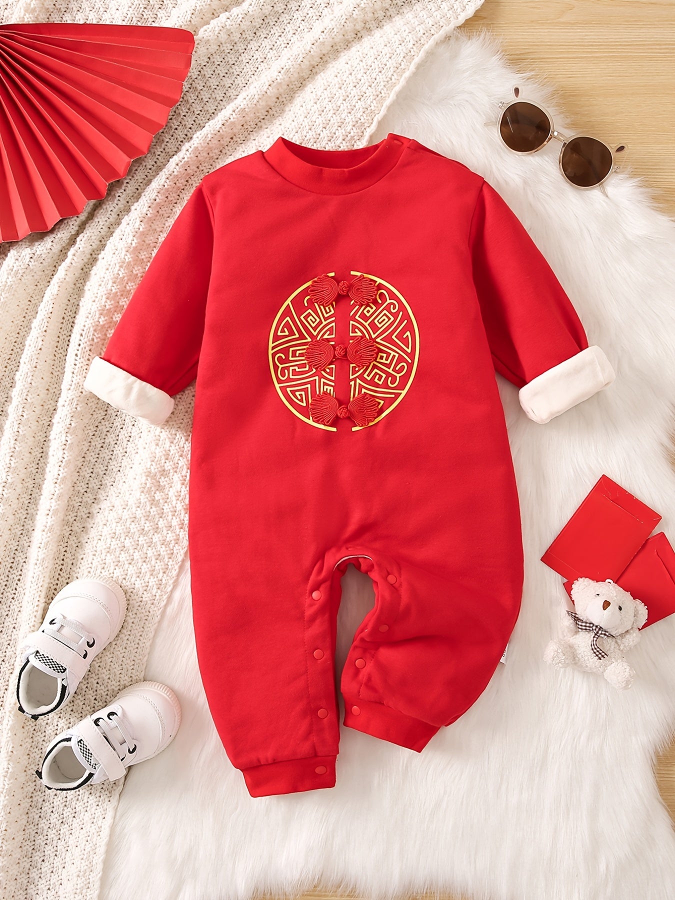 Baby Girls Cotton Thick Long Sleeve Jumpsuit With Chinese Knot