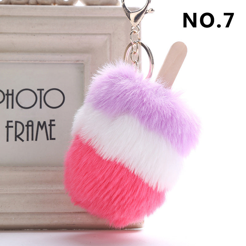 Fur Pom Pom Keychain Ice Cream Bag Purse Charm Yummy Metal Ring Fluffy Fur Ball Food Fashion Gift Charm