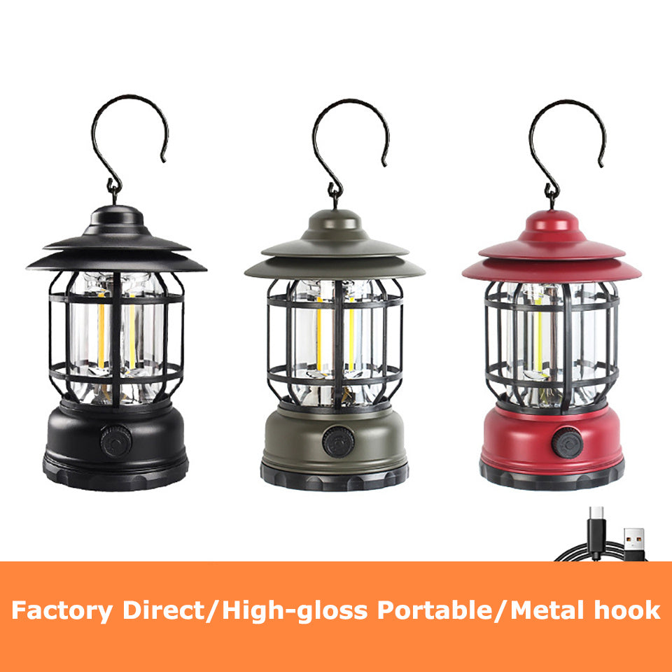 Portable Retro Camping Lantern Battery/USB Rechargeable Handle Flashlight