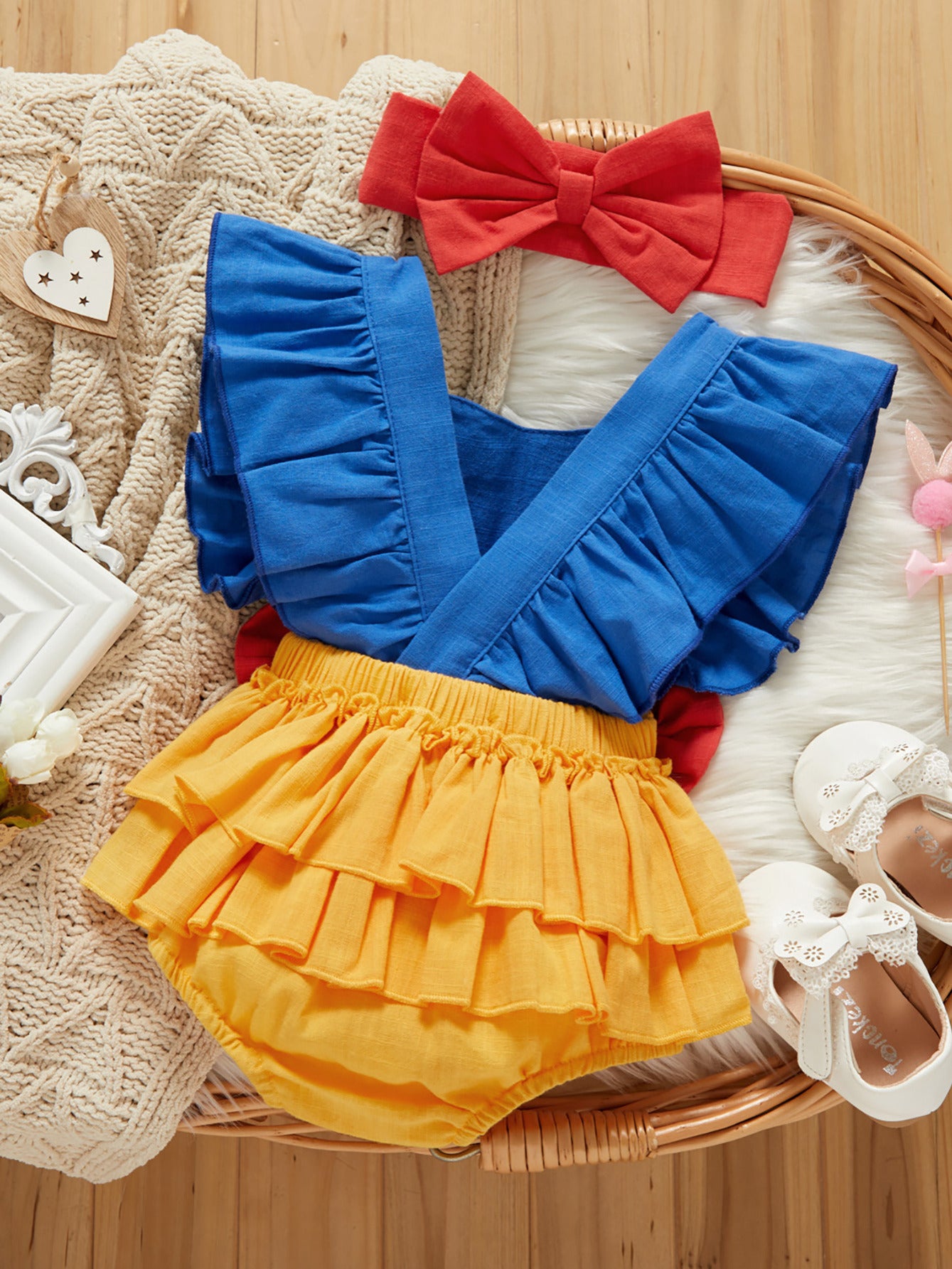 2pcs Newborn Infant Patchwork Romper Ruffle Sleeveless Bowknot Decor Bodysuit Onesies & Bow Headband Set For Baby Girls Toddler Clothes Summer Sunsuit