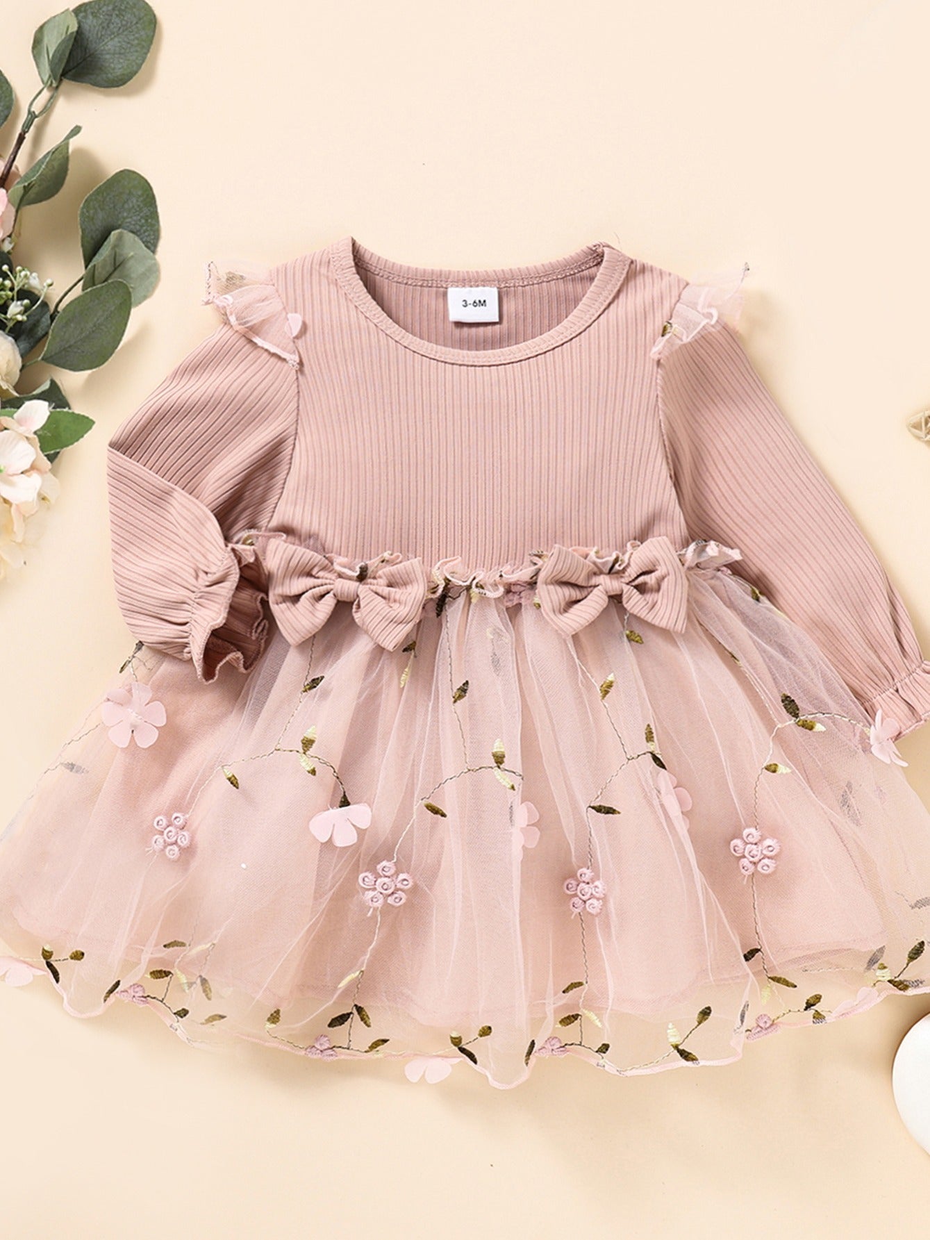 Baby Girls Mesh Dress Long Sleeve Bow Floral Embroidered Princess Dress Clothes Pink