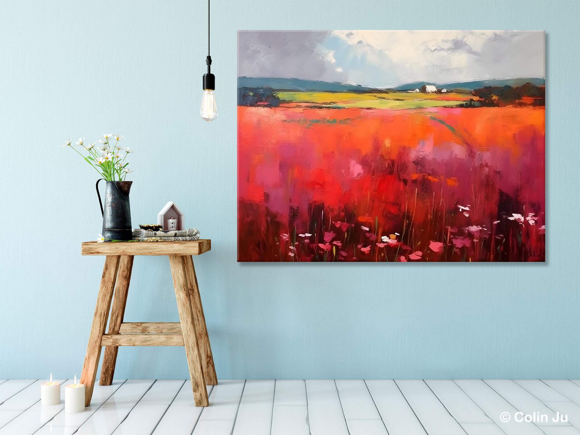 Abstract Canvas Painting, Landscape Paintings for Living Room, Red Poppy Field Painting, Original Hand Painted Wall Art, Abstract Landscape Art