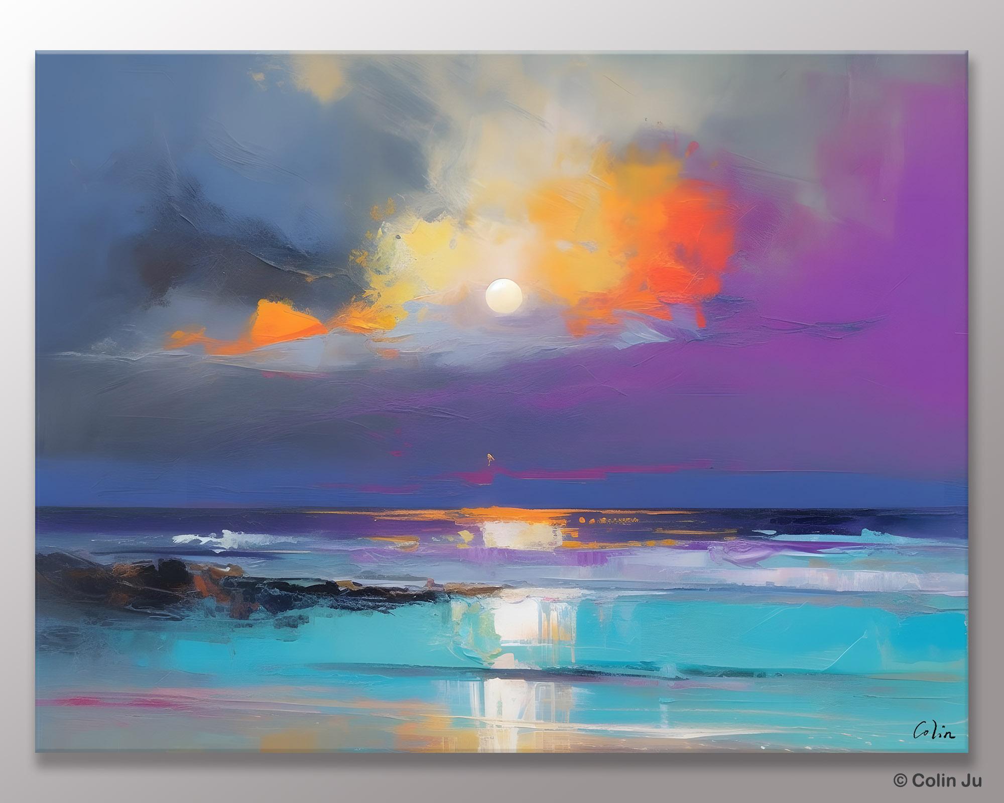 Landscape Painting on Canvas, Hand Painted Canvas Art, Moon Rising from Sea, Contemporary Wall Art Paintings, Extra Large Original Art
