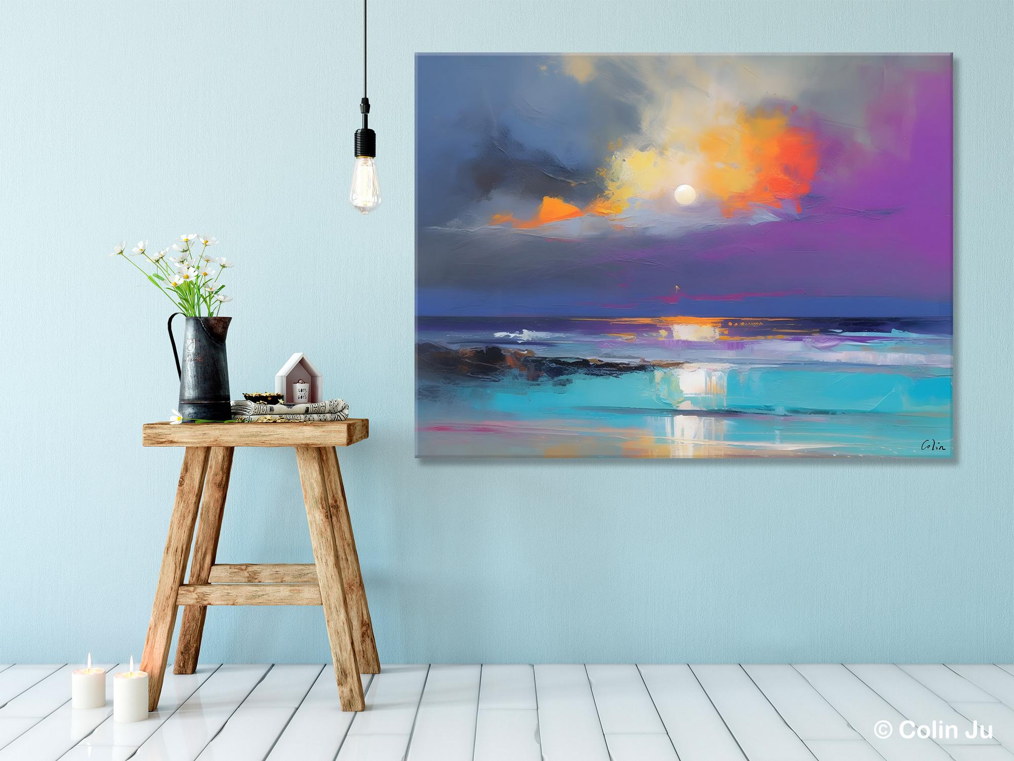 Landscape Painting on Canvas, Hand Painted Canvas Art, Moon Rising from Sea, Contemporary Wall Art Paintings, Extra Large Original Art