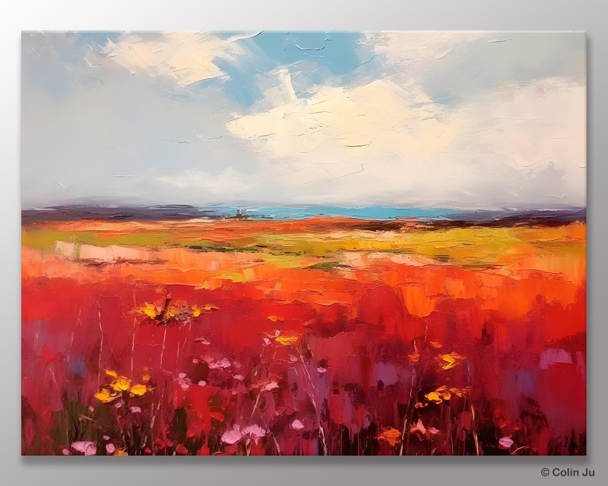 Extra Large Wall Art Painting, Landscape Canvas Painting for Living Room, Flower Field Acrylic Paintings, Original Landscape Acrylic Artwork