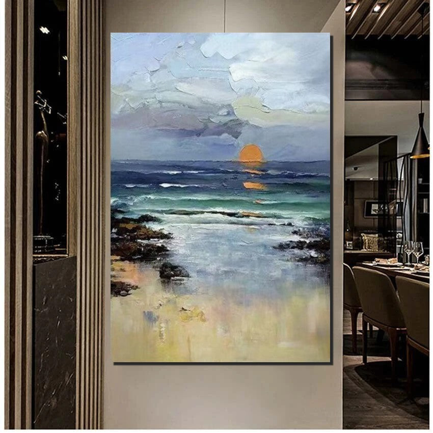 Contemporary Abstract Art for Dining Room, Seashore Sunrise Paintings, Living Room Canvas Art Ideas, Large Landscape Painting, Simple Modern Art