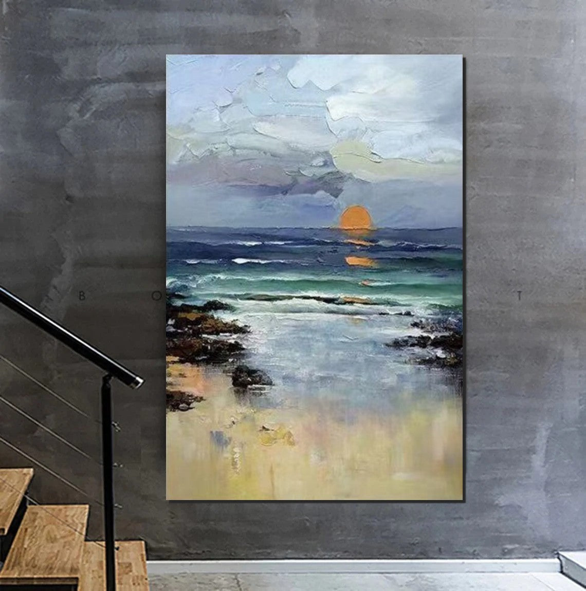 Contemporary Abstract Art for Dining Room, Seashore Sunrise Paintings, Living Room Canvas Art Ideas, Large Landscape Painting, Simple Modern Art
