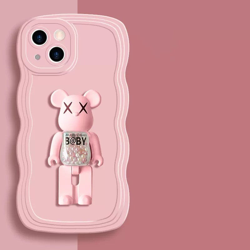 Wave Edge Phone Case With3D Glittering Bear Bracket