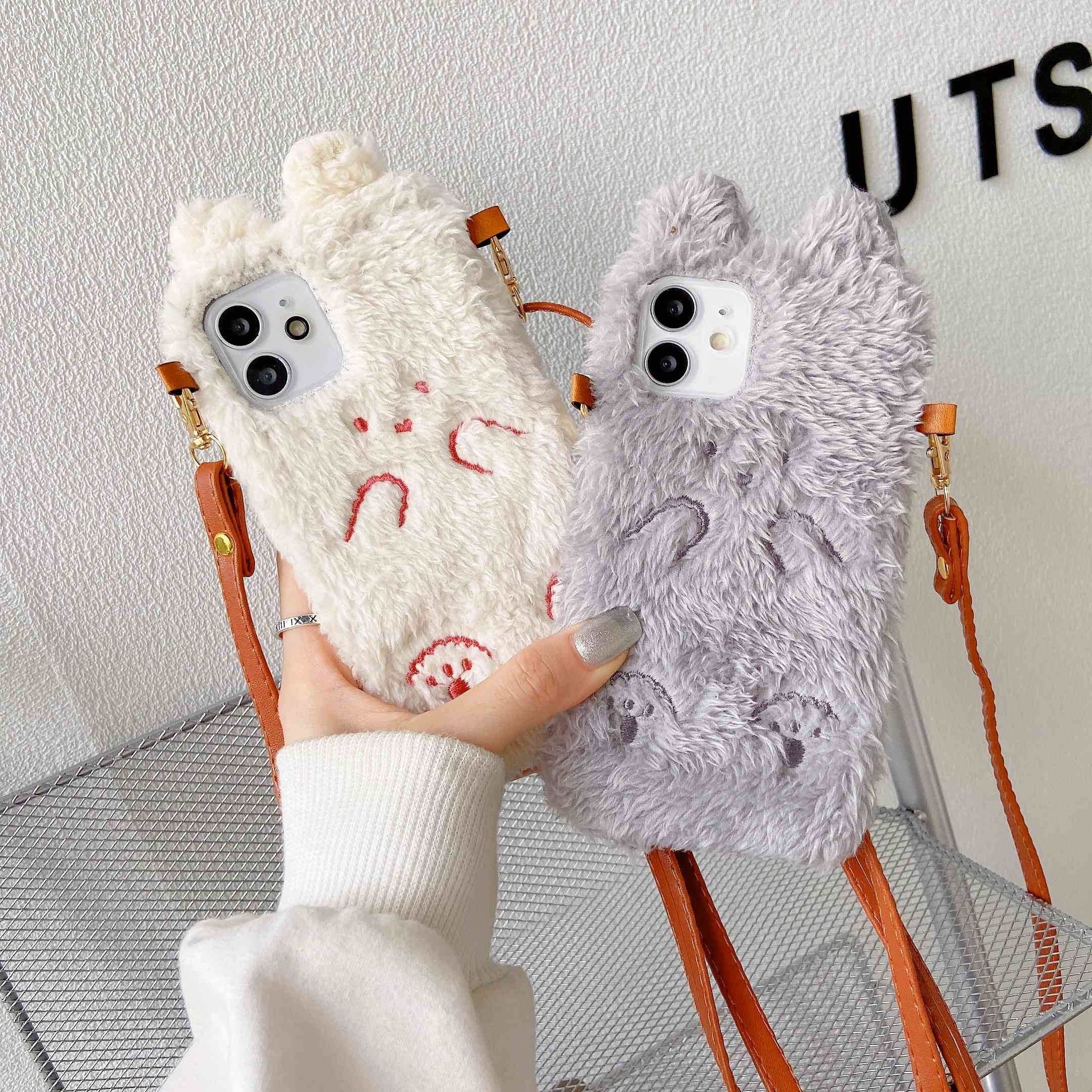 Plush Bear Mobile Phone Case With Lanyard, Suitable For IPhone12, Winter Mobile Phone Case