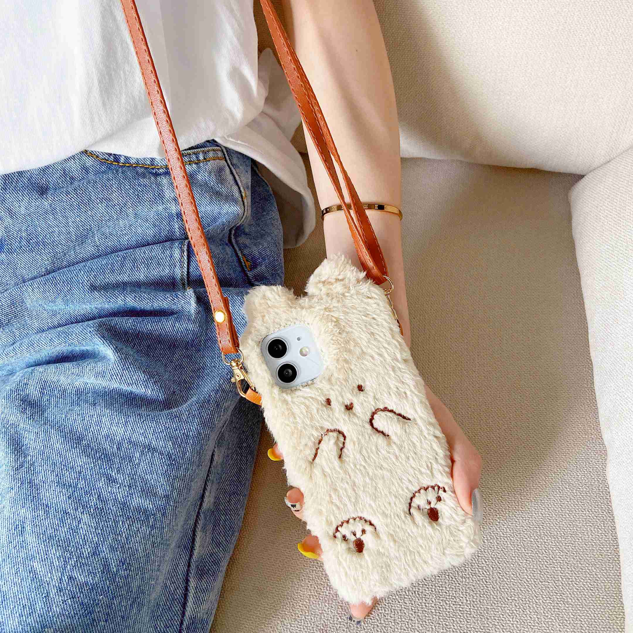 Plush Bear Mobile Phone Case With Lanyard, Suitable For IPhone12, Winter Mobile Phone Case