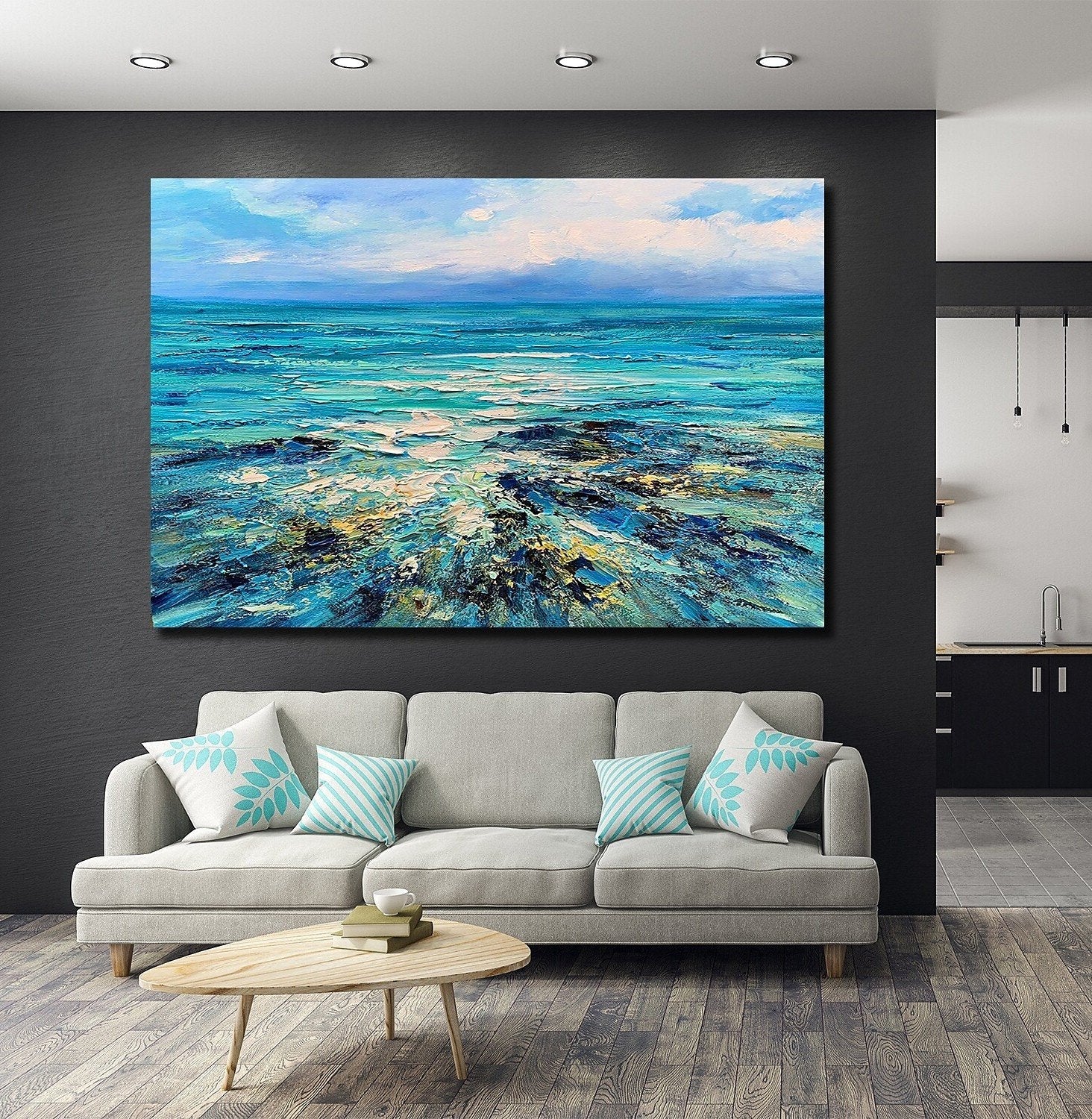 Abstract Landscape Paintings, Blue Sea Wave Painting, Landscape Canvas Paintings, Seascape Painting, Acrylic Paintings for Living Room, Hand Painted Canvas Art