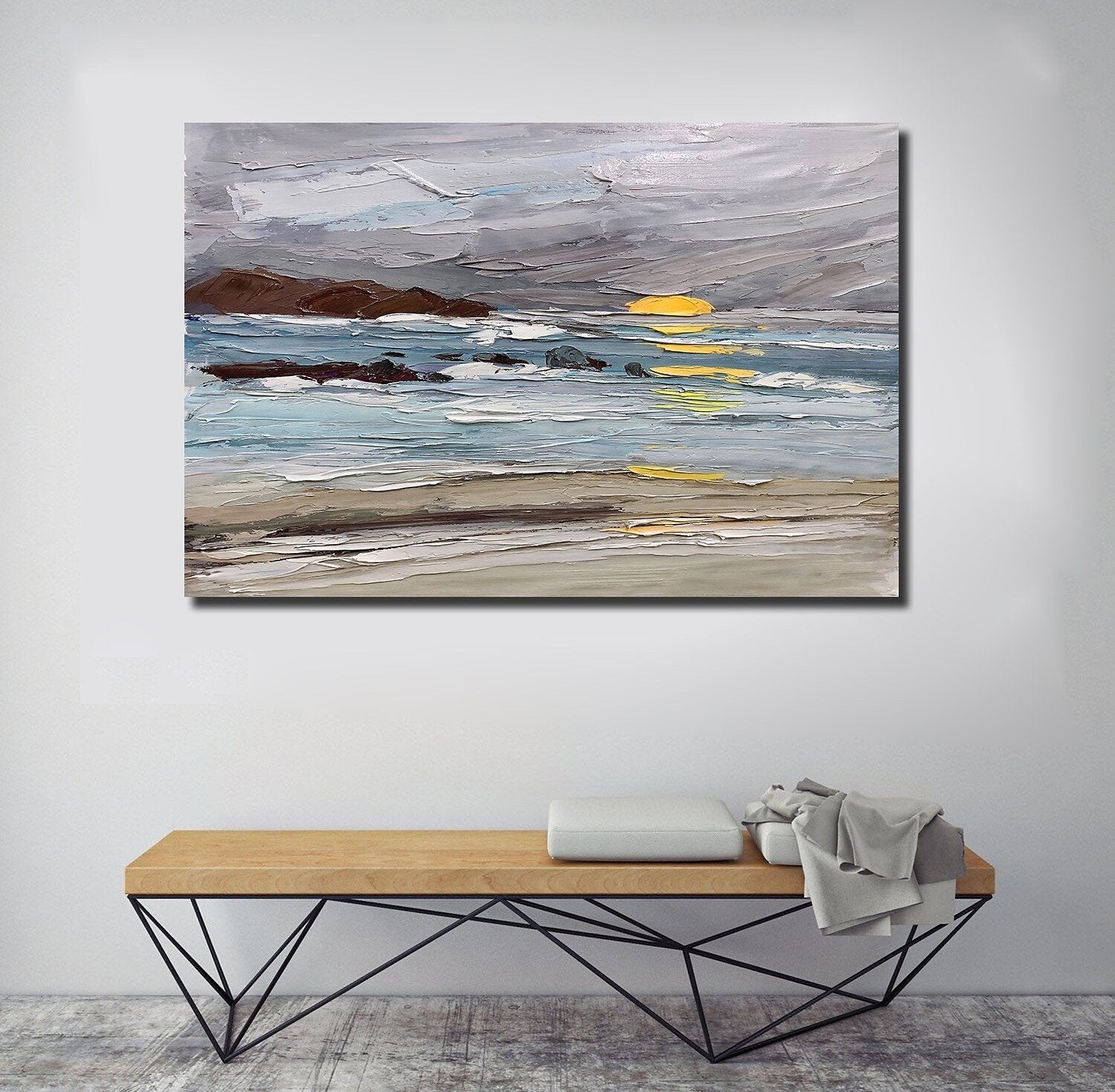 Abstract Landscape Paintings, Landscape Canvas Paintings, Seashore Sunrise Painting, Acrylic Paintings for Living Room, Large Simple Modern Art