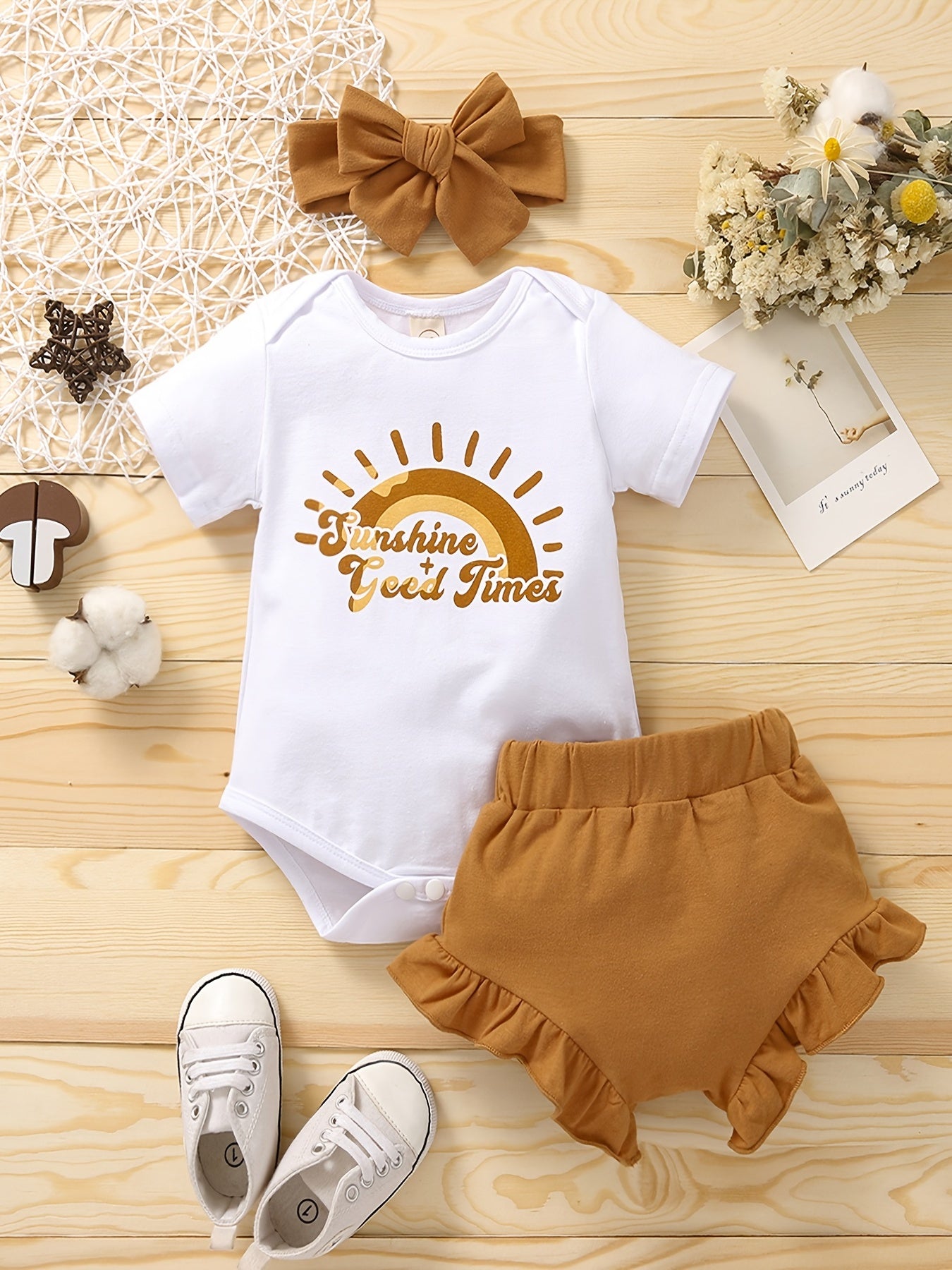 Baby Girls Short Sleeve Rainbow Romper + Matching Solid Shorts Bottoms + Headband, Bodysuit Onesie, Baby Layette Sets, Baby Clothes