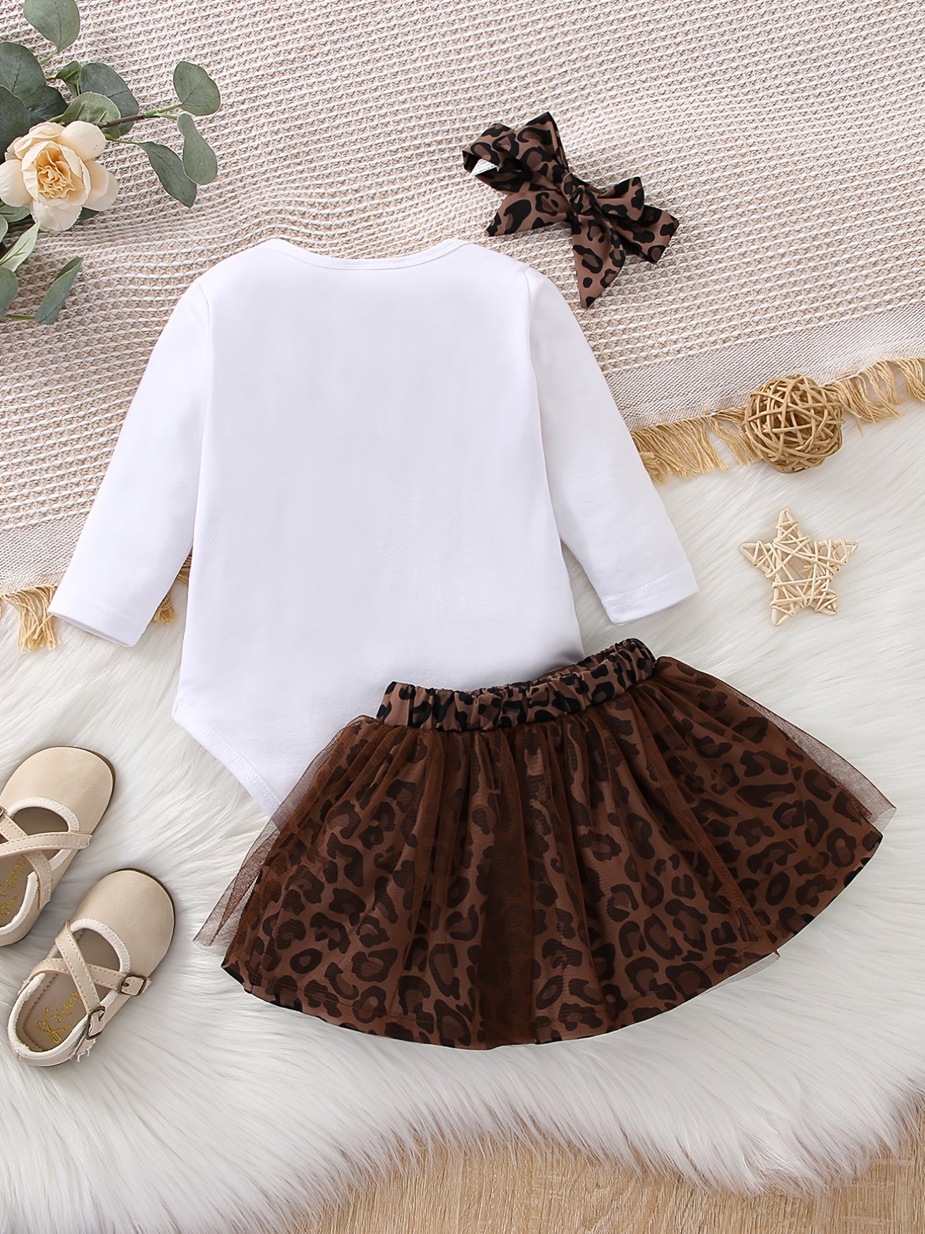 Toddler Baby Girls Cartoon Print Long Sleeve Romper & Leopard Mesh Skirt & Headband 3pcs Set