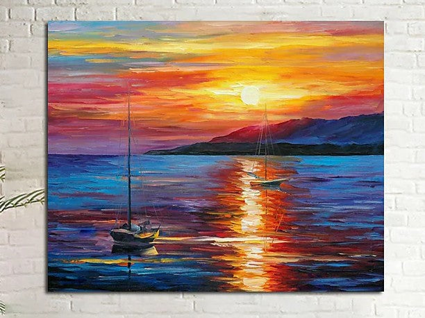 Boat Paintings, Simple Modern Art, Paintings for Living Room, Sunrise Painting, landscape Canvas Painting, Hand Painted Canvas Painting